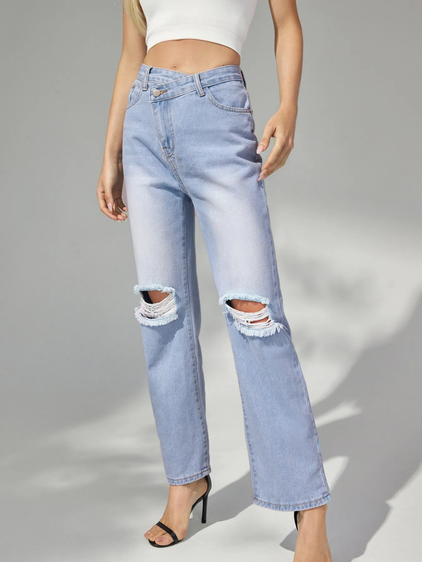 Ripped Button High Waist Straight Leg Jeans