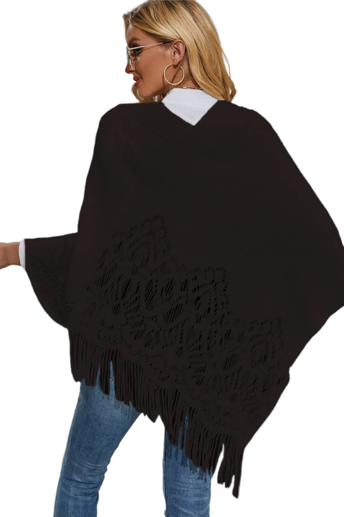 Round Neck Fringe Detail Poncho