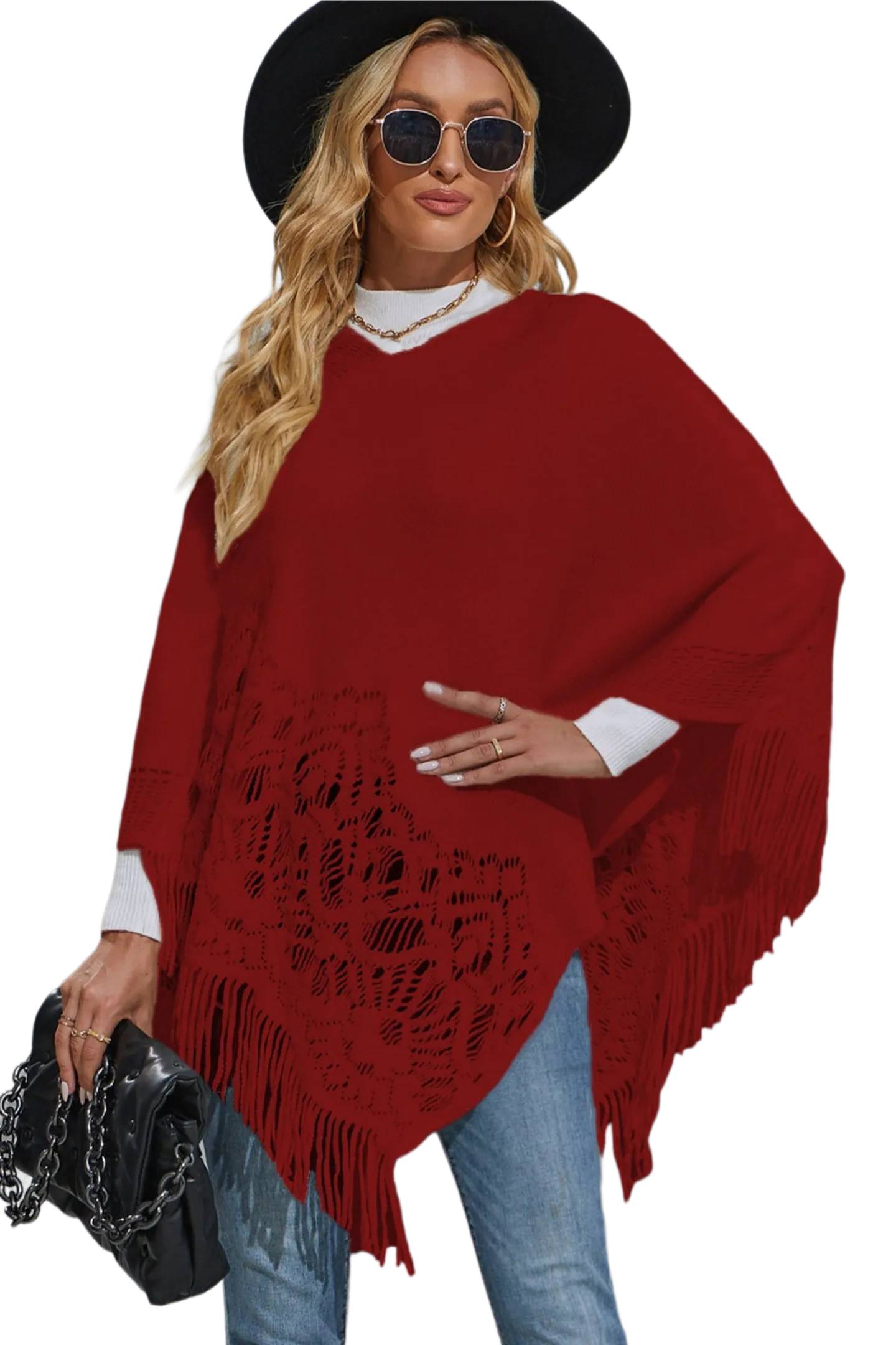 Round Neck Fringe Detail Poncho