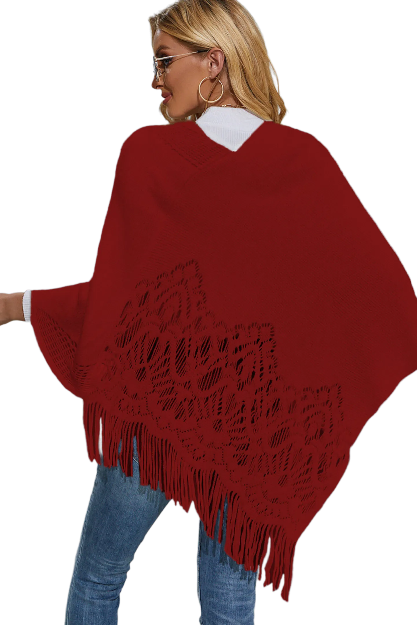 Round Neck Fringe Detail Poncho