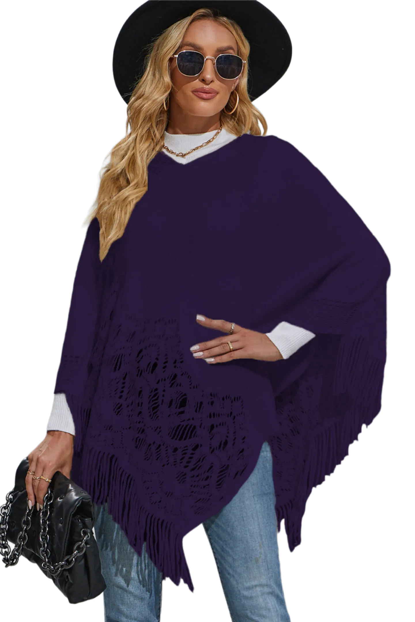 Round Neck Fringe Detail Poncho