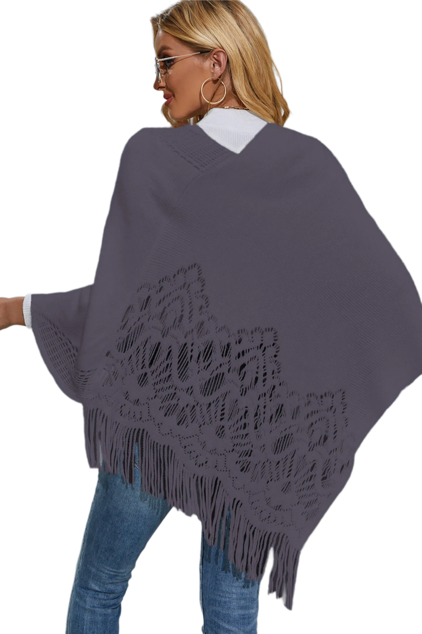 Round Neck Fringe Detail Poncho