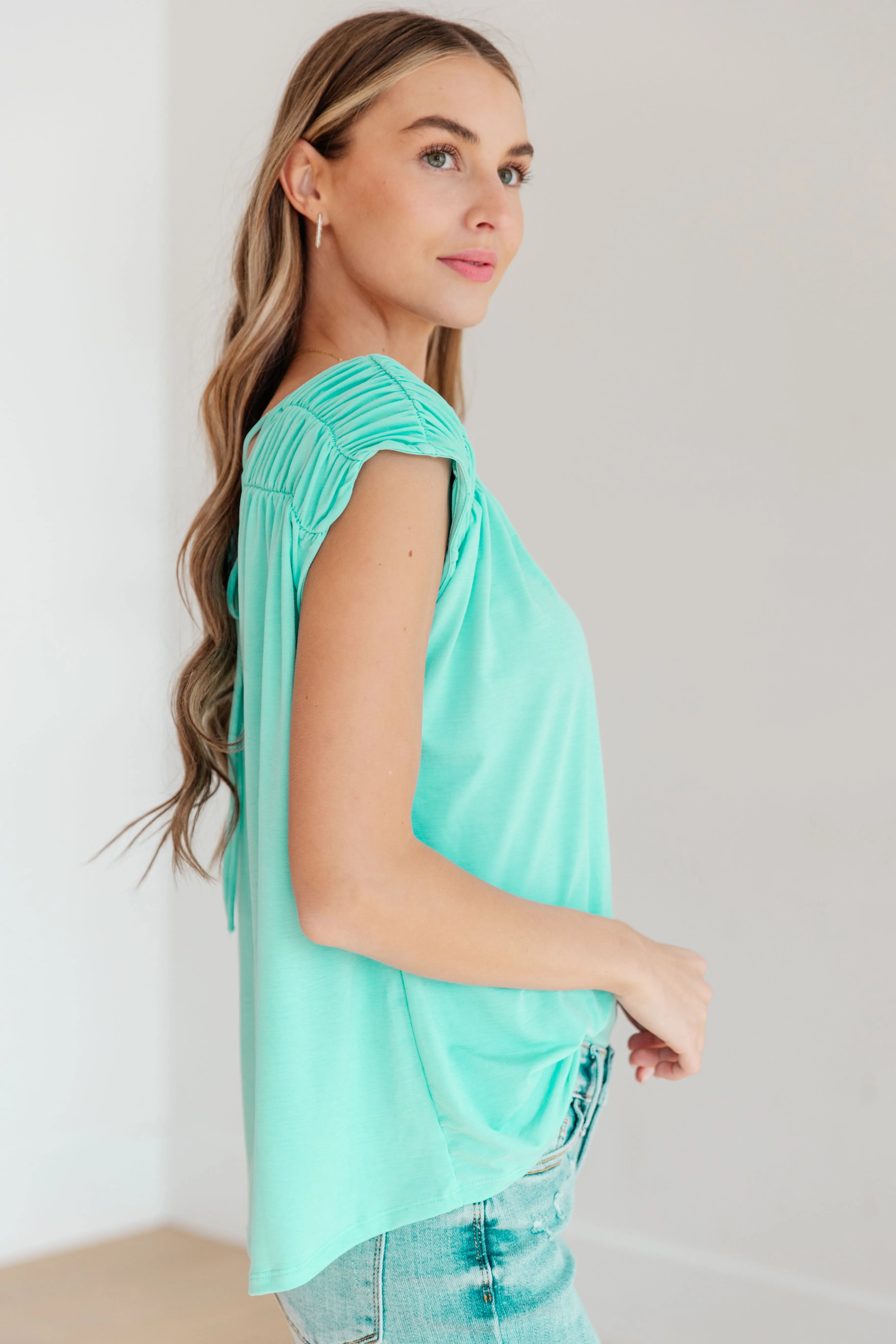 Ruched Cap Sleeve Top in Neon Blue - Dear Scarlett