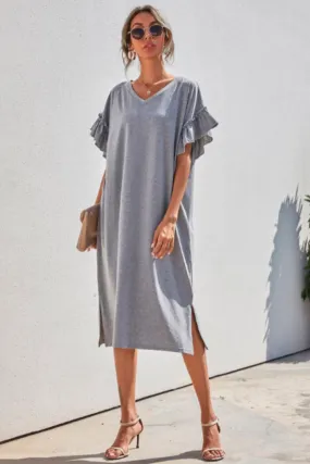 Ruffle Sleeves V Neck Midi Dress