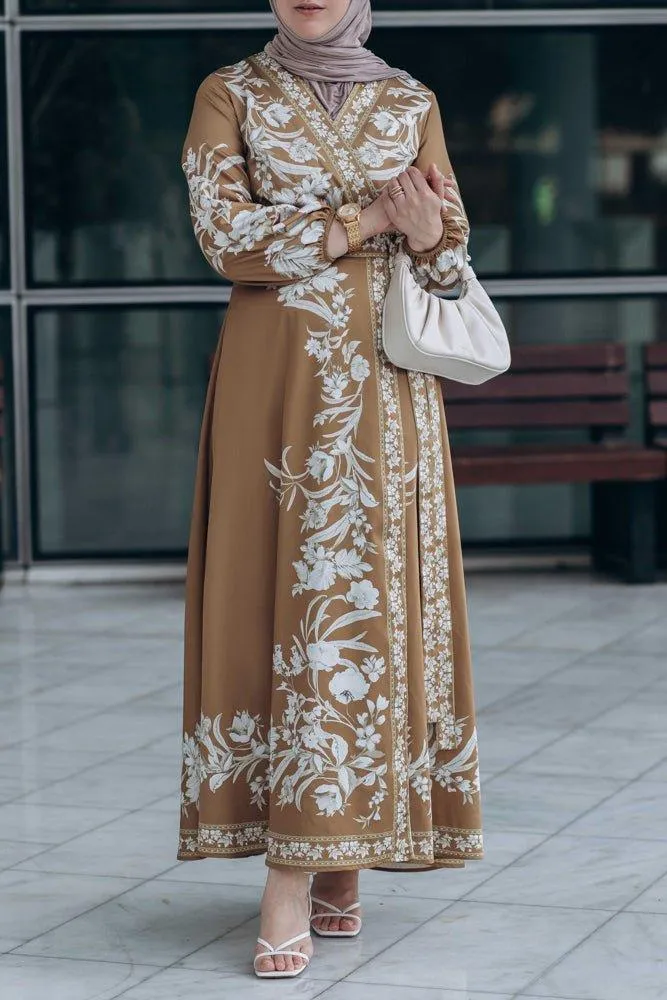 Sadia Maxi Wrap Dress in Mustard Brown Floral Print