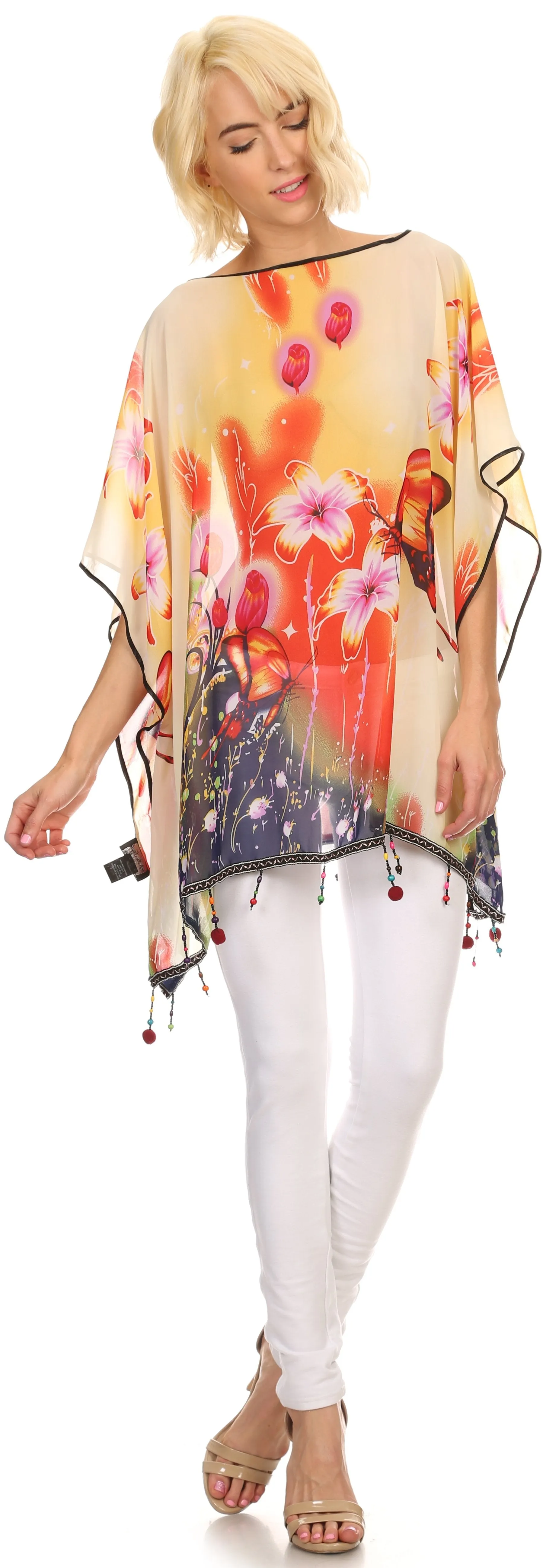 Sakkas Fediliah Sheer Long Wide Fringe Bead Floral Printed Poncho Blouse Top