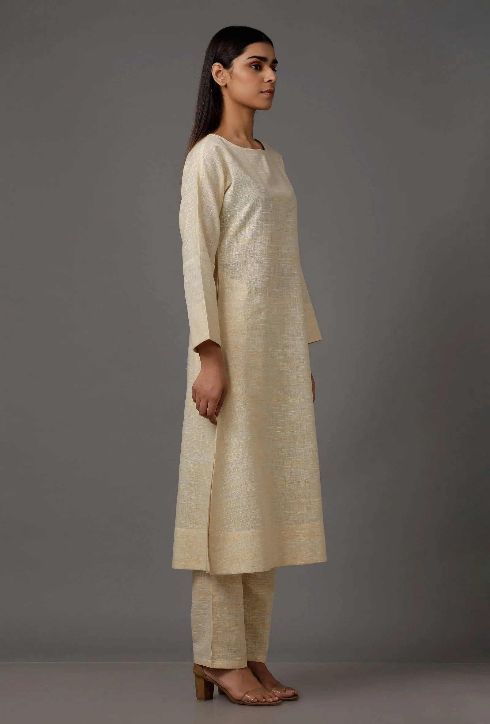 Set of 2: White Pure Woven Cotton Kurta and Pants