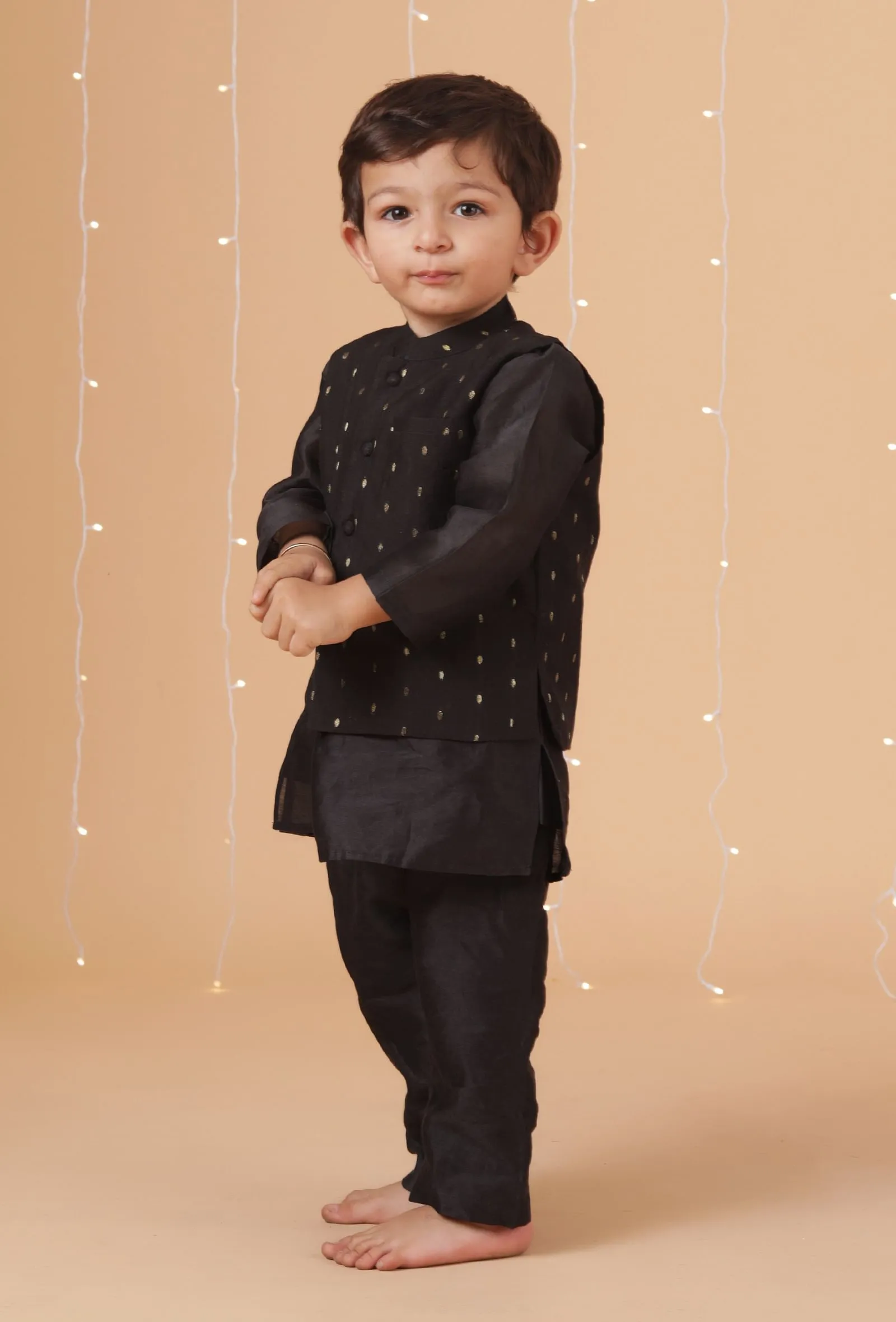 Set Of 3- Black Chanderi Kurta, Pajama & Black Buti Nehru Jacket