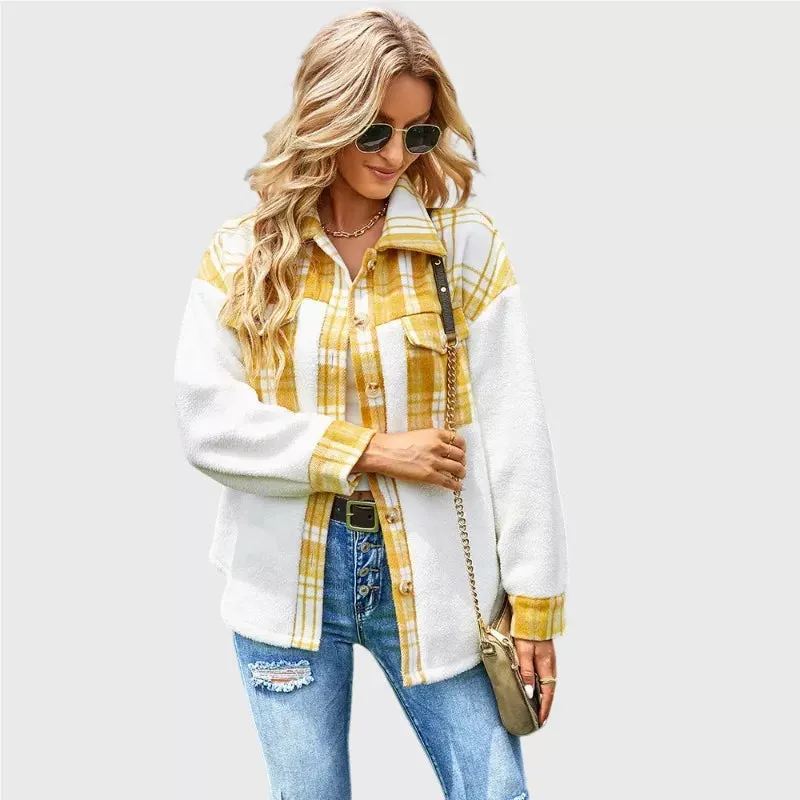 Sherpa Shirt Jacket Yellow Checker Button Closure Boyfriend Style Warm Fleece