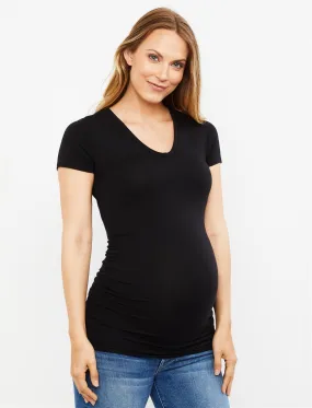 Side Ruched V-Scoop Maternity T Shirt in Black