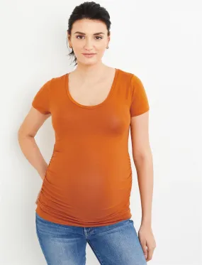 Side Ruched V-Scoop Maternity T Shirt in Rust Orange