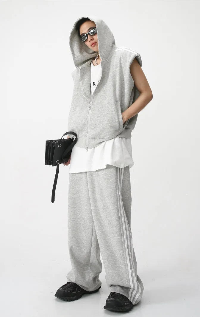 Side Stripes Zipper Hooded Vest & Zipper Wide-Leg Straight Sweatpants Setup WN7283