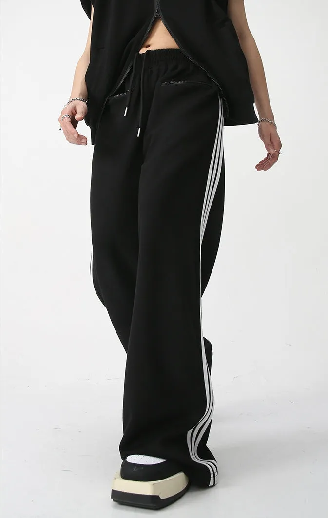 Side Stripes Zipper Hooded Vest & Zipper Wide-Leg Straight Sweatpants Setup WN7283