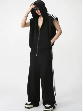 Side Stripes Zipper Hooded Vest & Zipper Wide-Leg Straight Sweatpants Setup WN7283