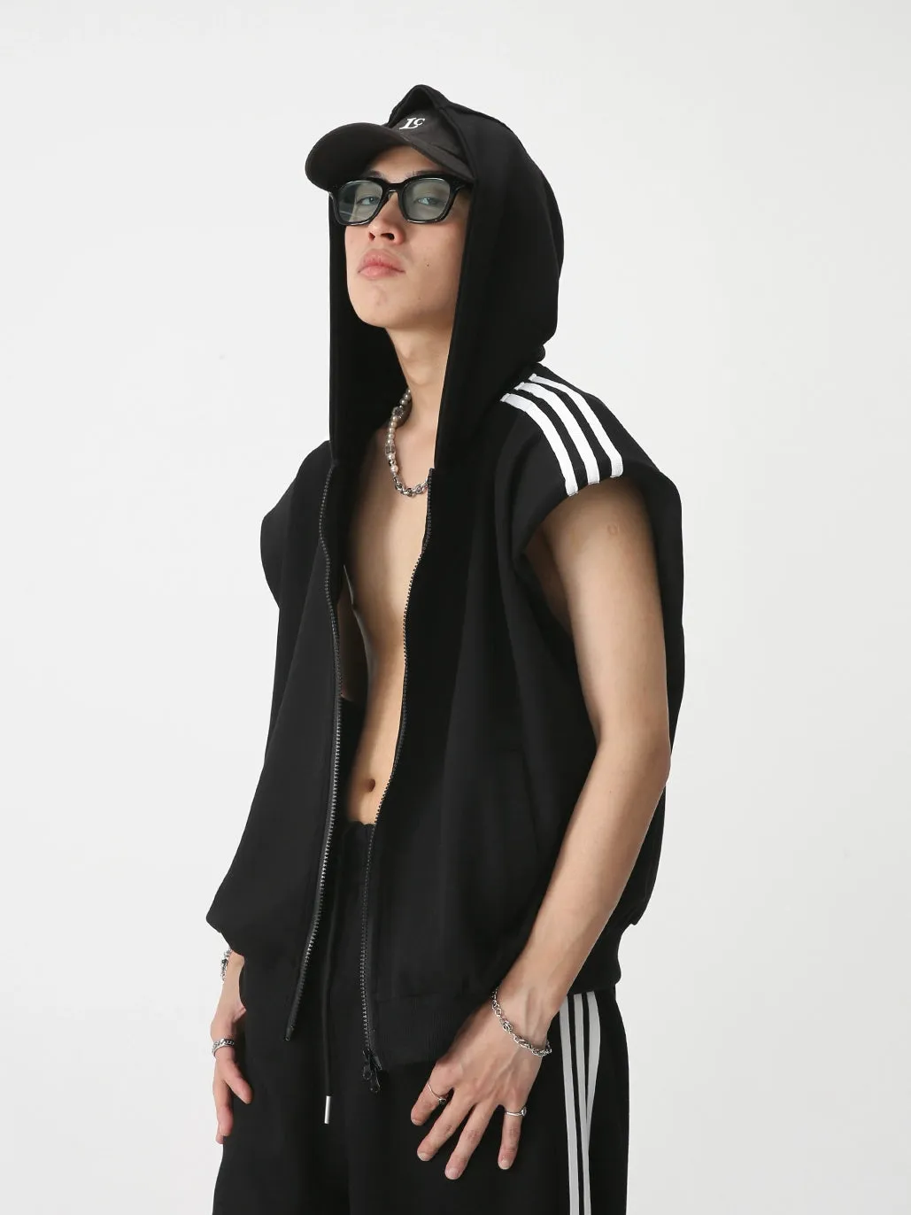 Side Stripes Zipper Hooded Vest & Zipper Wide-Leg Straight Sweatpants Setup WN7283