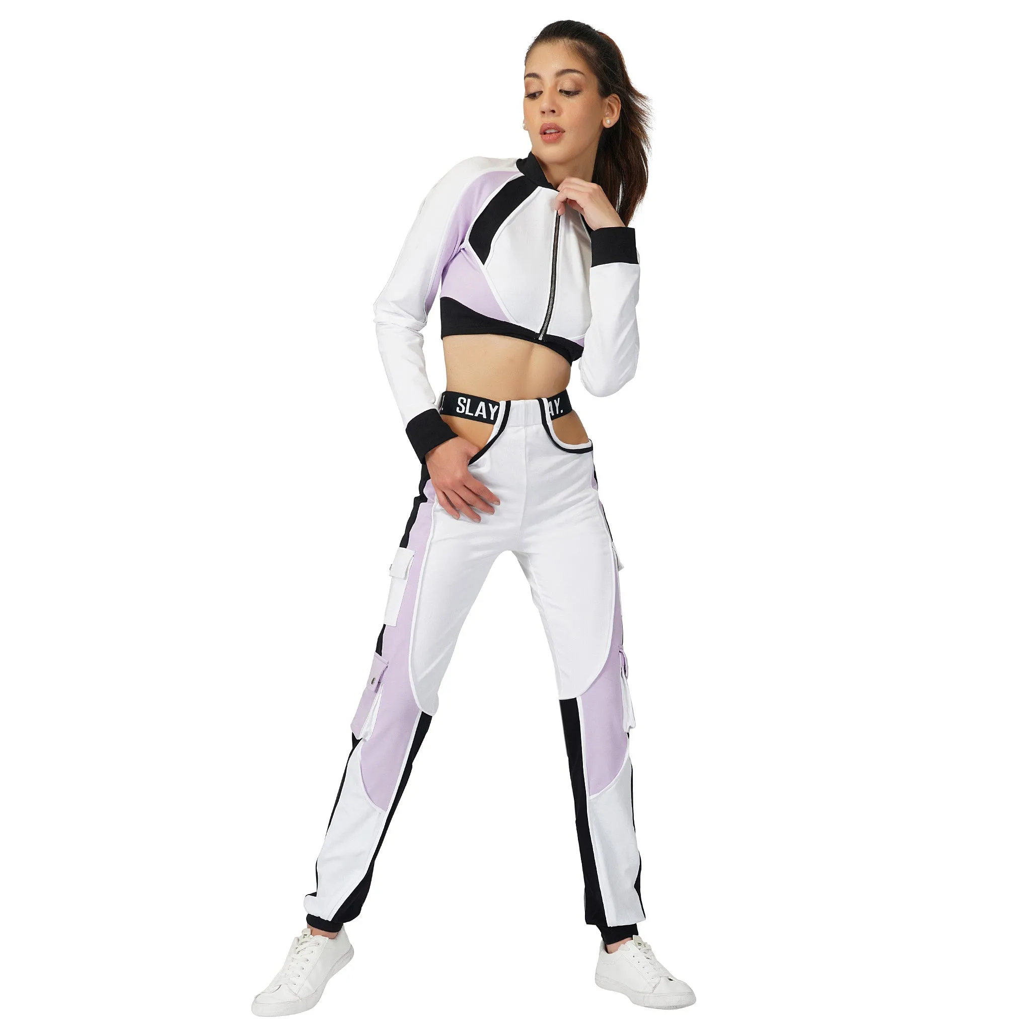 SLAY. Women's Lavender  Lilac White Black Co ord Set - Colorblock Crop Jacket & Cargo Pants