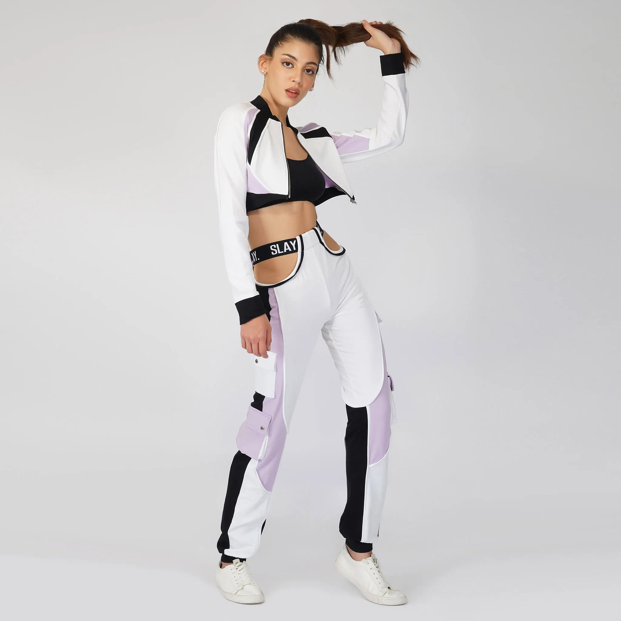 SLAY. Women's Lavender  Lilac White Black Co ord Set - Colorblock Crop Jacket & Cargo Pants