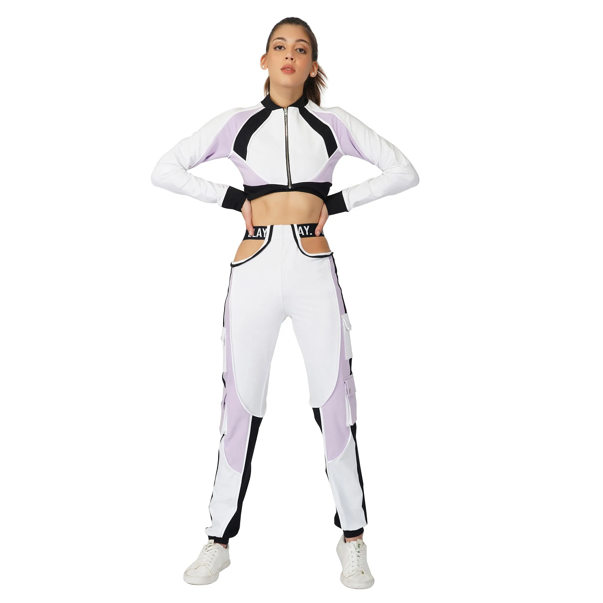 SLAY. Women's Lavender  Lilac White Black Co ord Set - Colorblock Crop Jacket & Cargo Pants