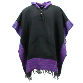 Soft Vegan Wool Hooded Tibet Poncho - Black & Purple