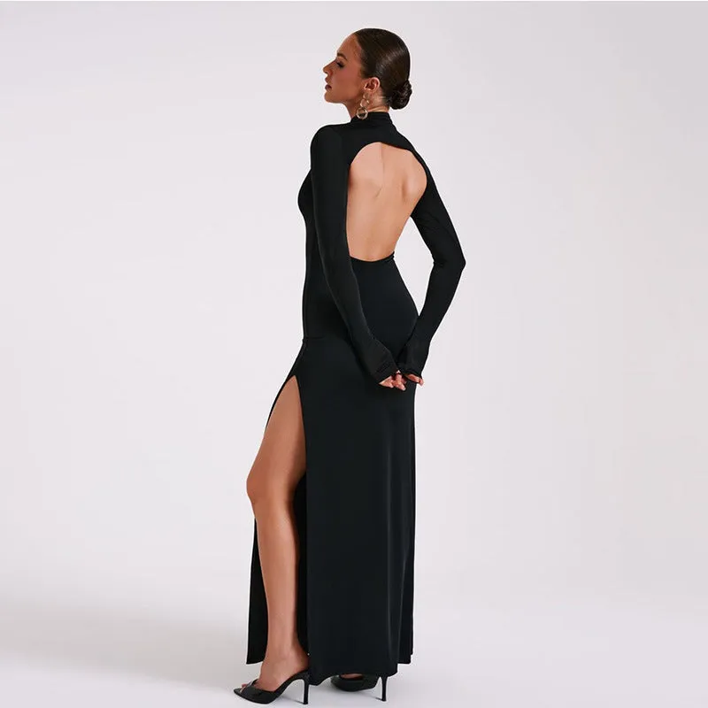 Spring Women Long Sleeve High Neck Sexy Backless Slit Maxi Dress Dress