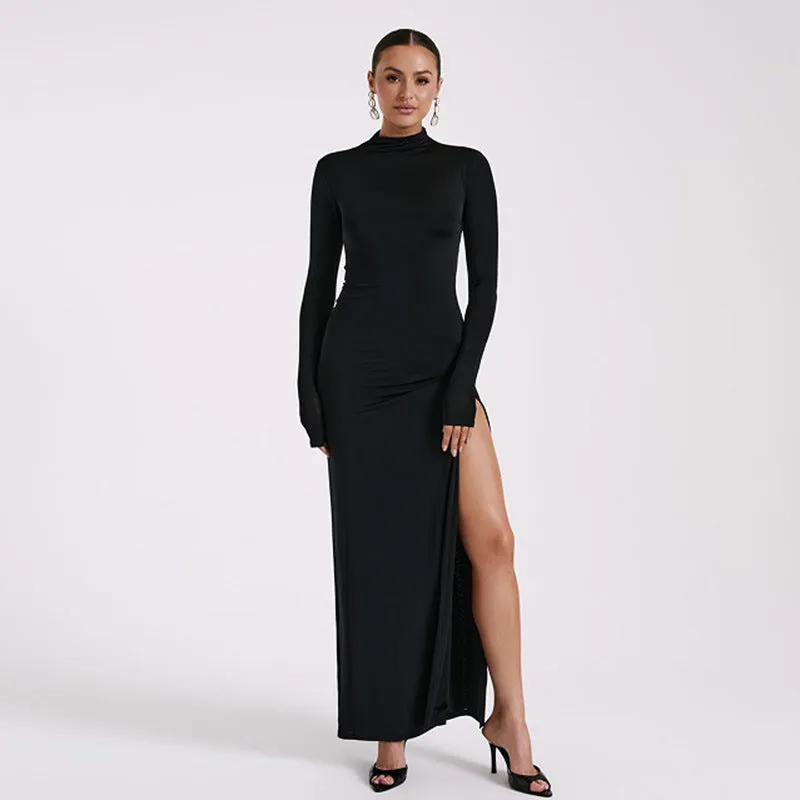 Spring Women Long Sleeve High Neck Sexy Backless Slit Maxi Dress Dress