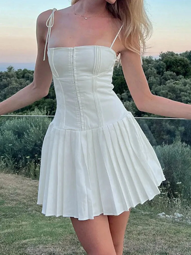 Sweetown Sweet French Style White Spaghetti Straps A Line Pleated Dresses For Women Front Hook Closure Fit And Flare Mini Dress