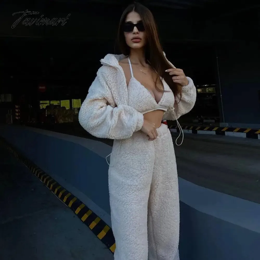 Tavimart Fleece Tracksuits Women's Winter Set Fashion Streetwear Y2k Casual Bra Vest Sweatpants Crop Tops 3 Piece Set Sexy Outfit