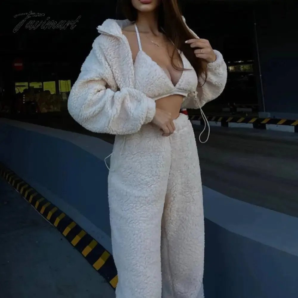 Tavimart Fleece Tracksuits Women's Winter Set Fashion Streetwear Y2k Casual Bra Vest Sweatpants Crop Tops 3 Piece Set Sexy Outfit