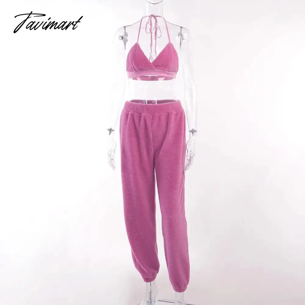 Tavimart Fleece Tracksuits Women's Winter Set Fashion Streetwear Y2k Casual Bra Vest Sweatpants Crop Tops 3 Piece Set Sexy Outfit