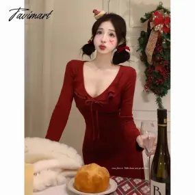 TAVIMART -  Sweet Hot Girl Red Ruffled Dress Women's Autumn/Winter Long-sleeved V-neck Slim Fit A-line Medium Length Dress Female Clothes