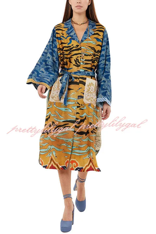 Tropical Jungle Tiger Unique Print  Long Sleeve Belt Pocketed Kimono Coat