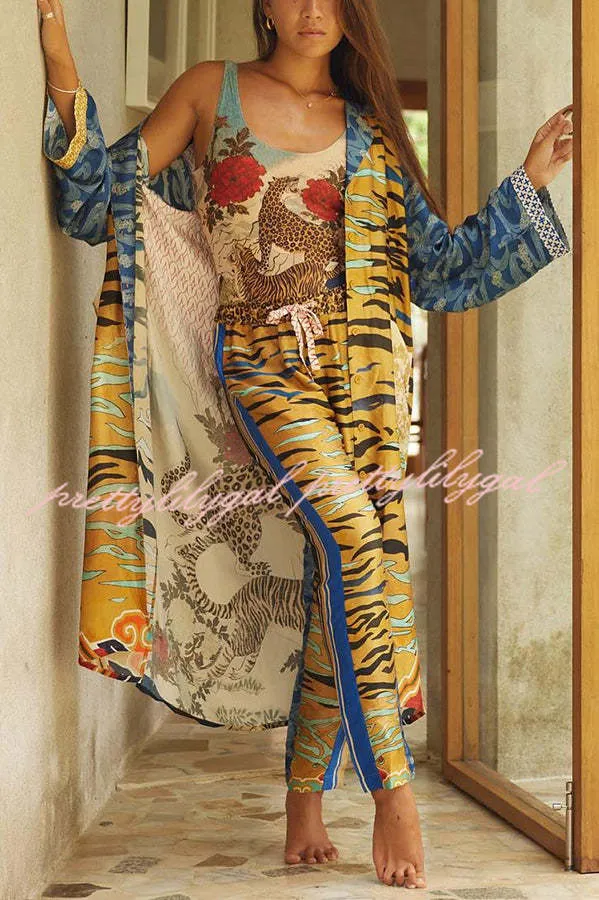 Tropical Jungle Tiger Unique Print  Long Sleeve Belt Pocketed Kimono Coat