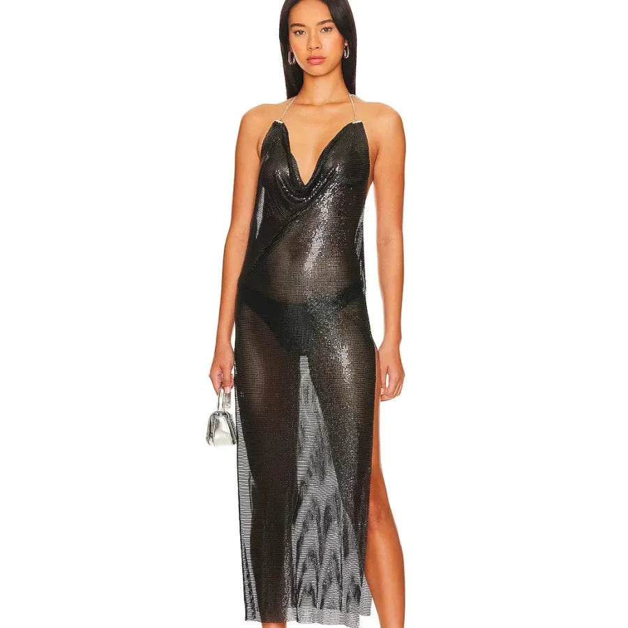 Uniwim FestivalQueen Women's Sequined Deep V-Neck Long Dress See Through Dress Nightclub Party Sexy Split Shiny Hottie Girl Sling Dress