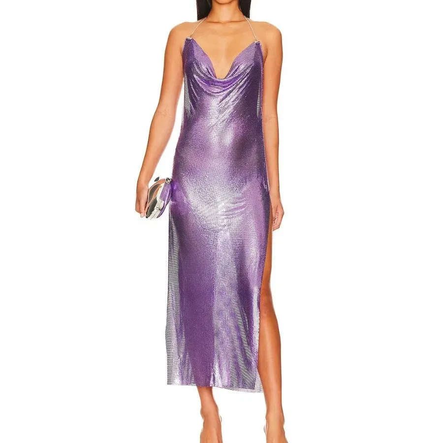 Uniwim FestivalQueen Women's Sequined Deep V-Neck Long Dress See Through Dress Nightclub Party Sexy Split Shiny Hottie Girl Sling Dress