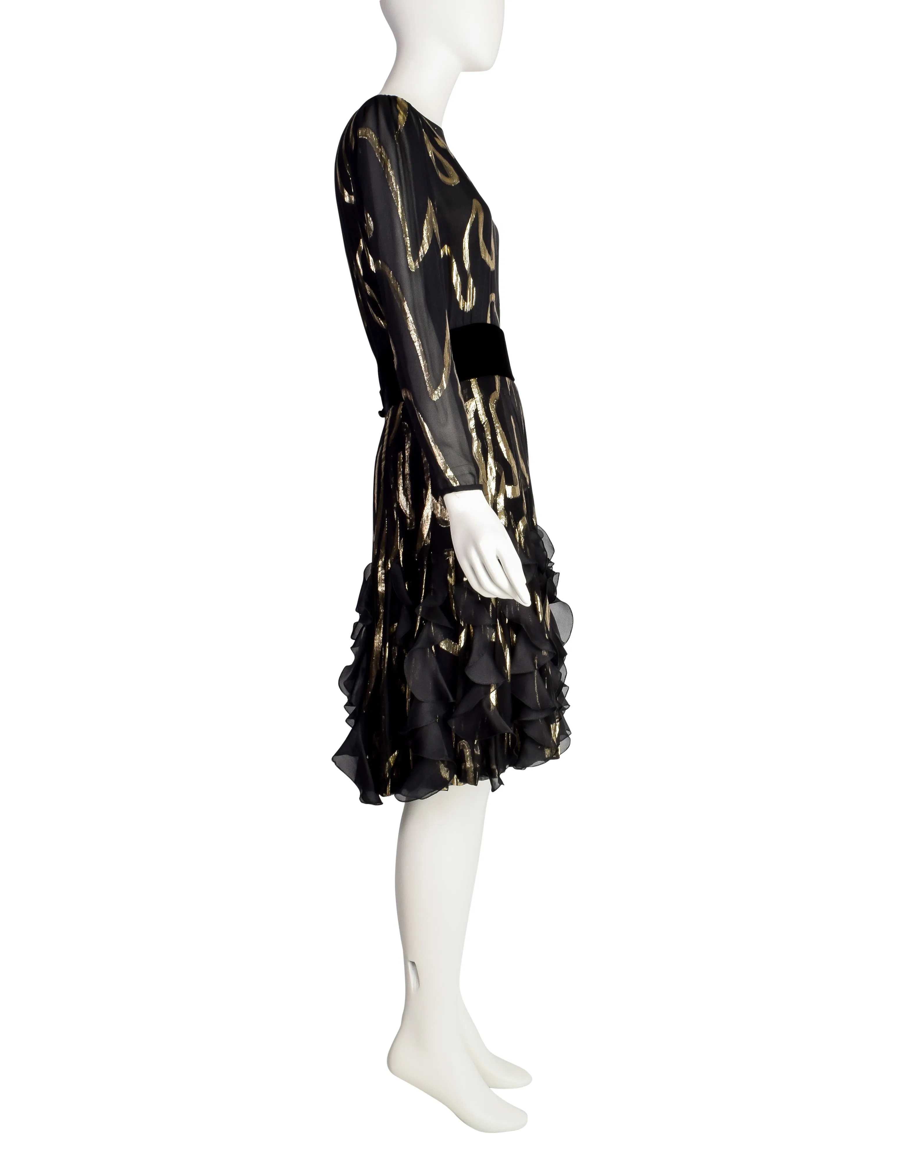 Valentino Vintage Black Silk Chiffon and Gold Lurex Flutter Ruffle Party Dress