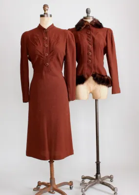 Vintage 1930s Brown Wool Dress with Fur Trimmed Jacket