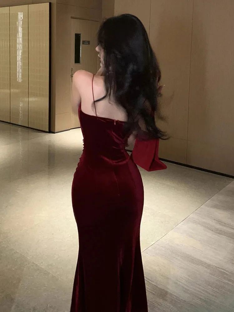 Vintage Sexy Prom Red Long Dresses for Women Spaghetti Strap Slit Velvet Beach Bandage Bodycon Midi Dress Party Elegant 2024 New