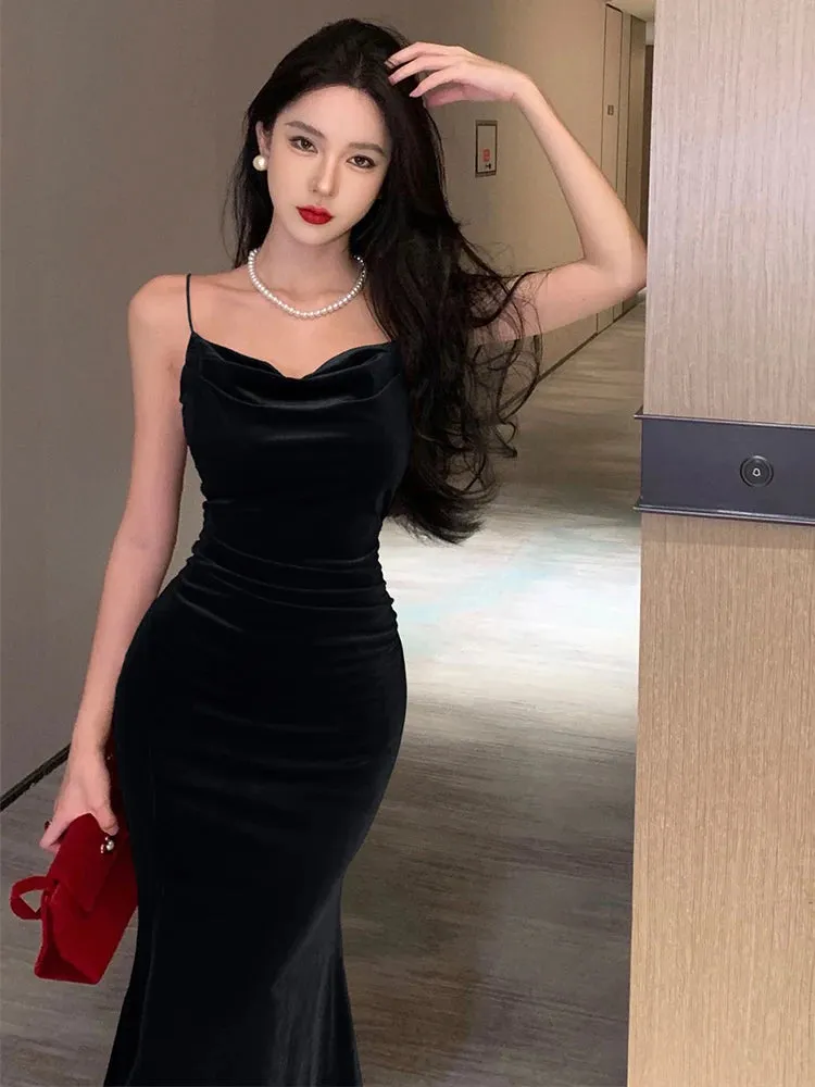 Vintage Sexy Prom Red Long Dresses for Women Spaghetti Strap Slit Velvet Beach Bandage Bodycon Midi Dress Party Elegant 2024 New