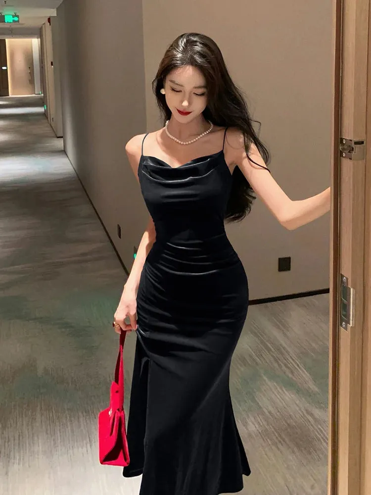 Vintage Sexy Prom Red Long Dresses for Women Spaghetti Strap Slit Velvet Beach Bandage Bodycon Midi Dress Party Elegant 2024 New