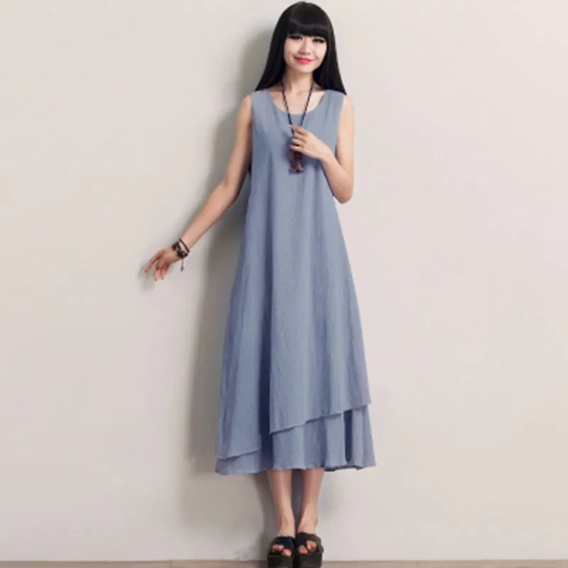 Vintage Sleeveless Cotton Maxi Dresses Women Casual Clothes Q1771