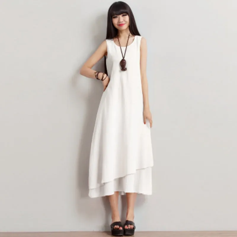 Vintage Sleeveless Cotton Maxi Dresses Women Casual Clothes Q1771