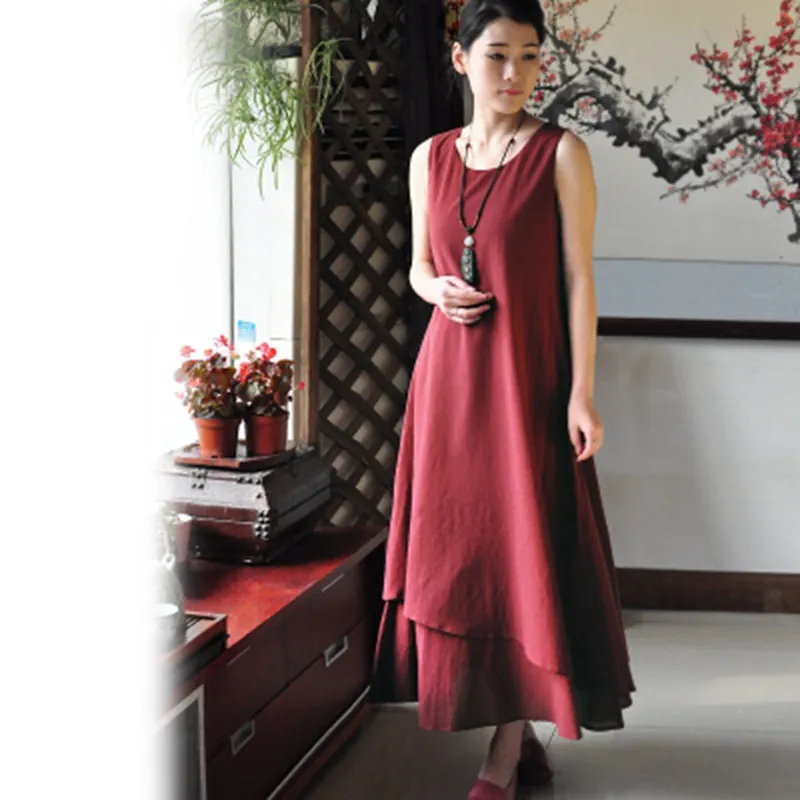 Vintage Sleeveless Cotton Maxi Dresses Women Casual Clothes Q1771