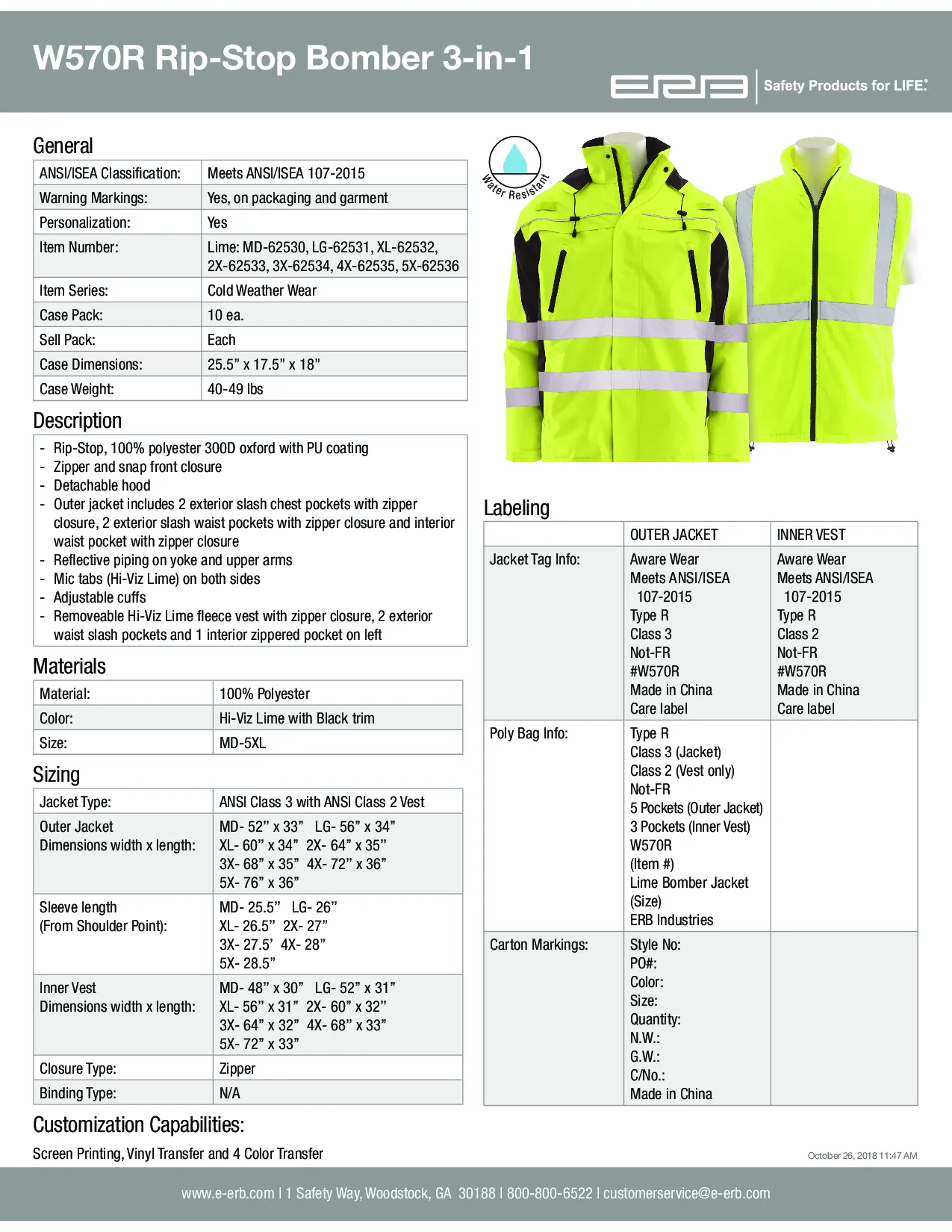 W570R Class 3 Ripstop Jacket with Removable Inner Vest