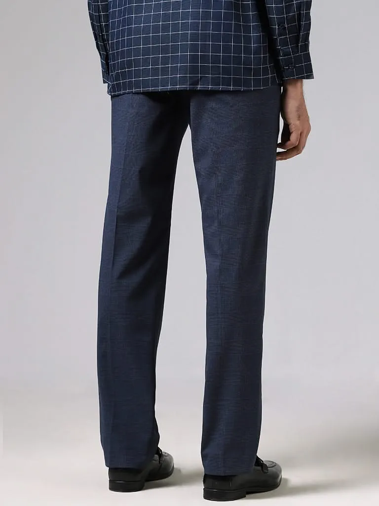 WES Formals Navy Blue Slim-Fit Mid-Rise Trousers