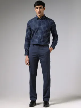 WES Formals Navy Blue Slim-Fit Mid-Rise Trousers