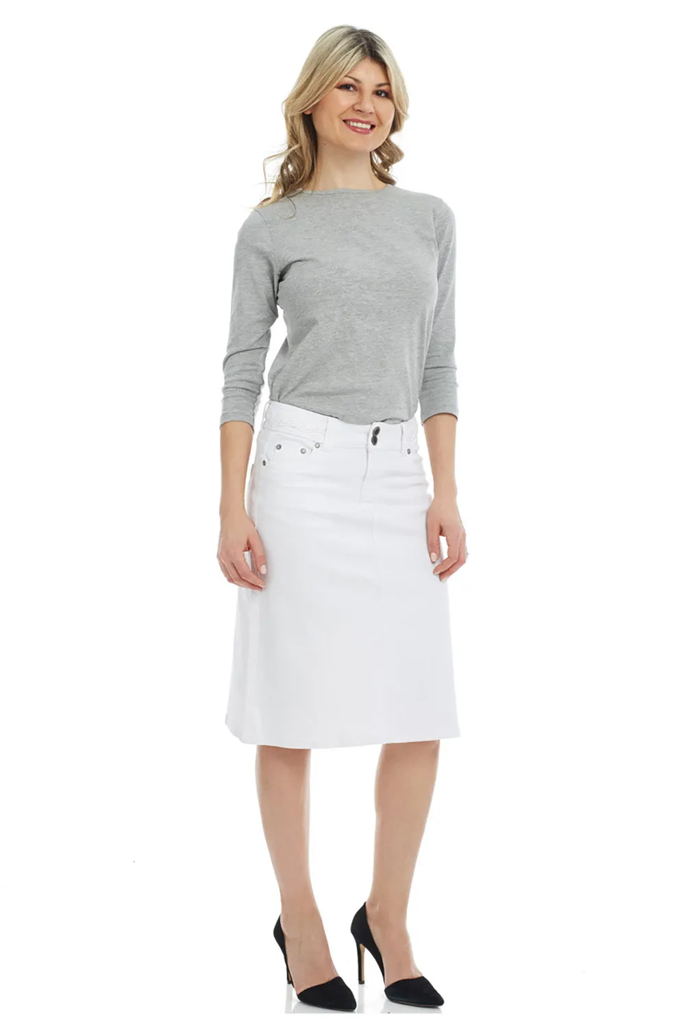 White Knee Length A-Line Denim Jean Skirt 'Sydney'