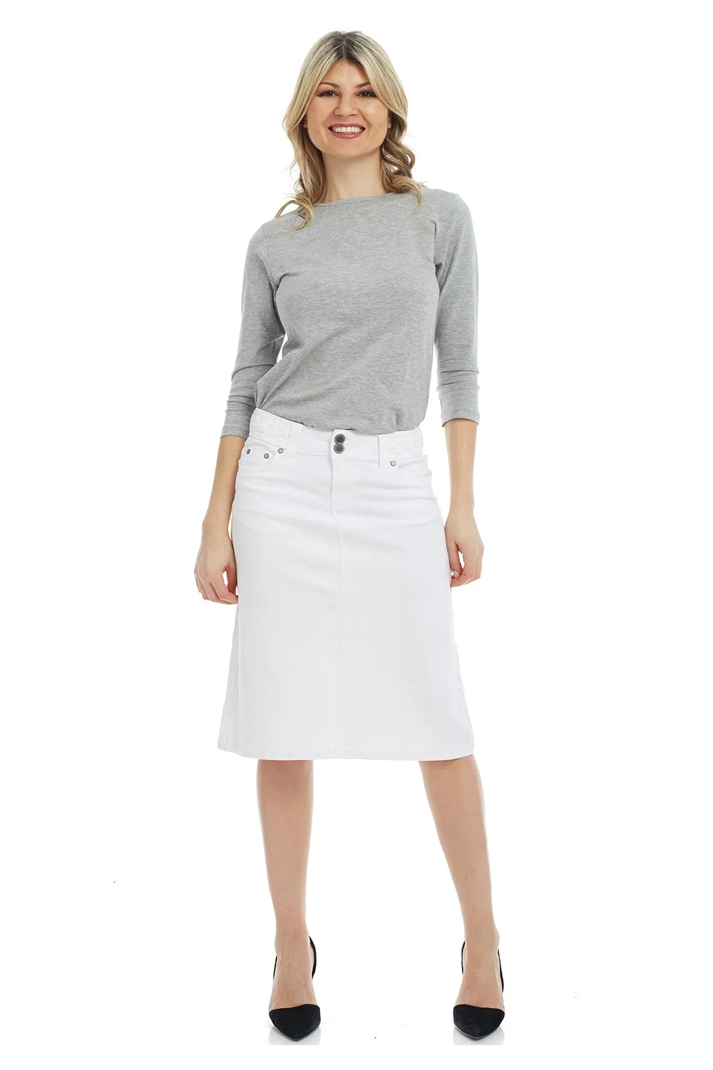 White Knee Length A-Line Denim Jean Skirt 'Sydney'