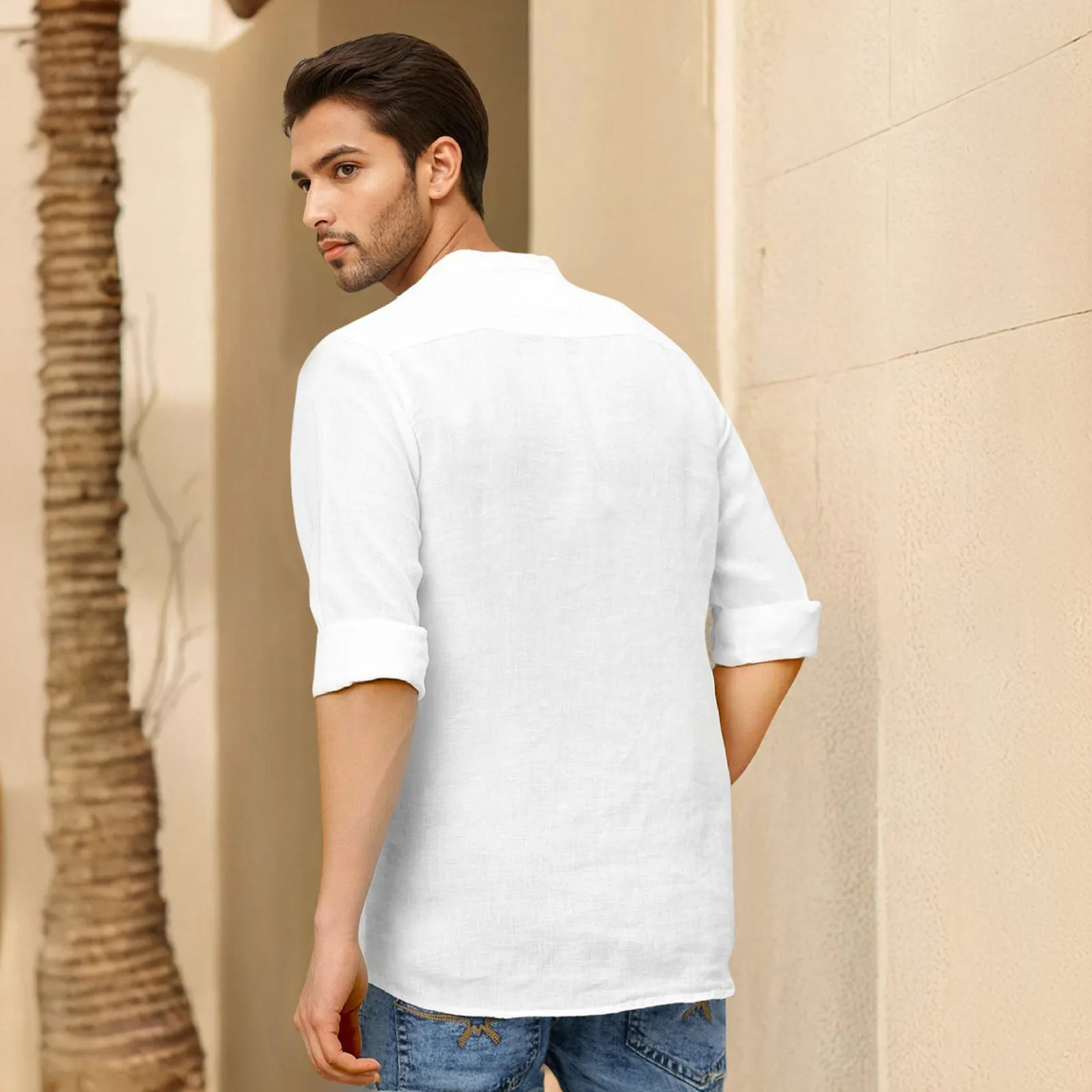 White Mandarin Collar Solid Linen Cotton Shirt for Men