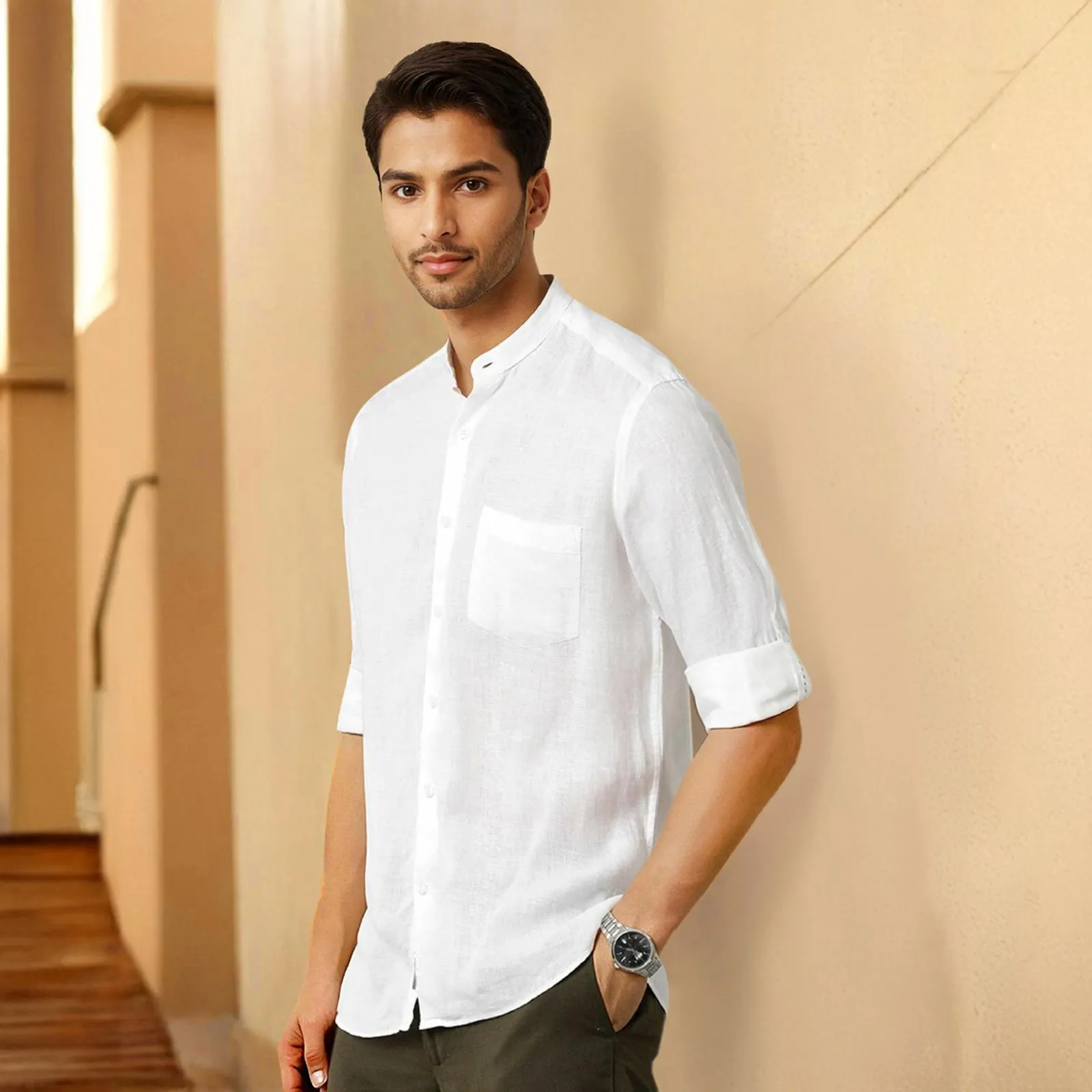 White Mandarin Collar Solid Linen Cotton Shirt for Men