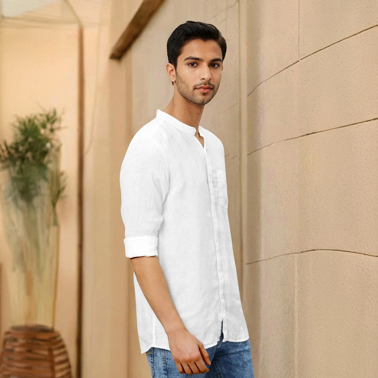 White Mandarin Collar Solid Linen Cotton Shirt for Men